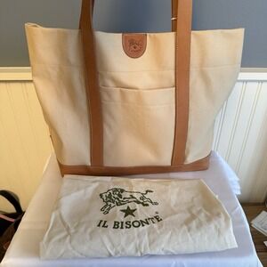 Il Bisonte Caramella Medium Canvas Shopper Tote Bag Purse Beige Brown Leather